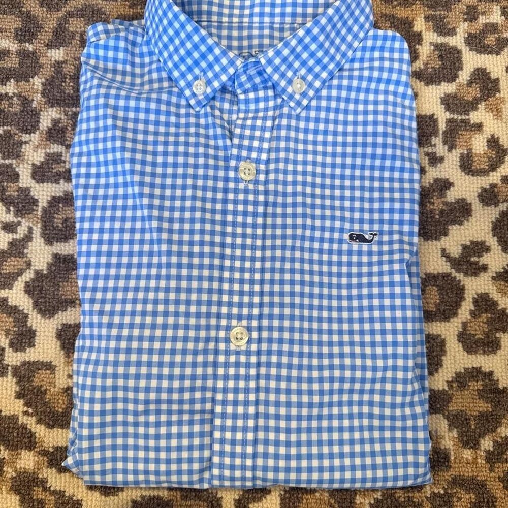 Vineyard Vines Boys Performance Gingham Button Down Shirt Blue White S 8-10